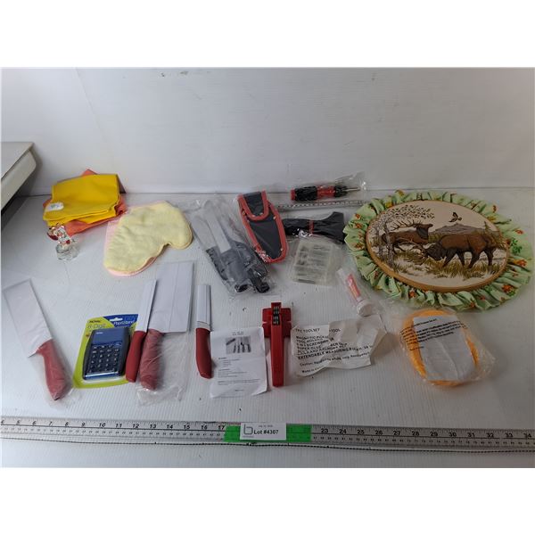 Embroidered Elk Art, Knife Sets, Calculator, Misc.