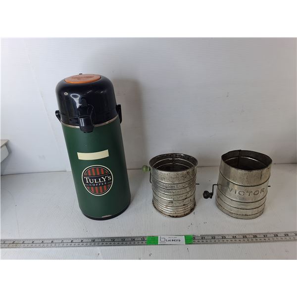 Coffee Dispenser & (2) Vintage Flour Sifters
