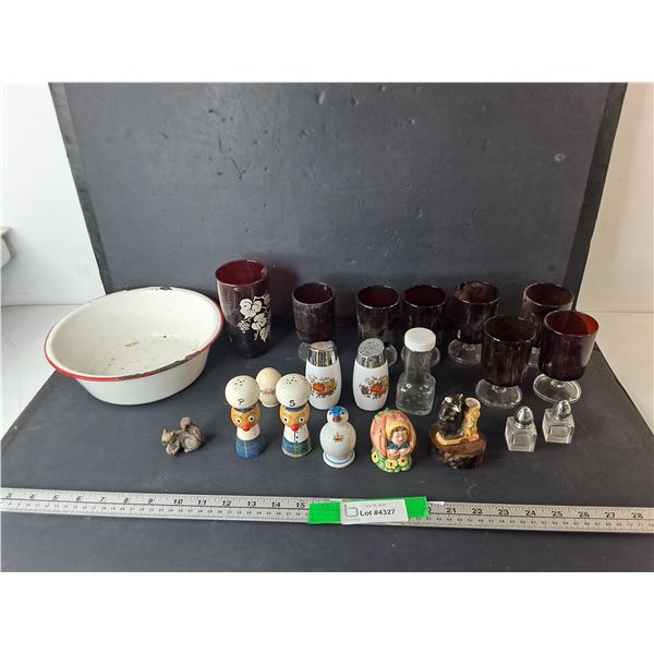 Salt & Pepper Shakers, Liquor Glasses, Enamelware Bowl