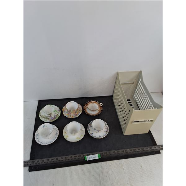 (6) Assorted Fine China Teacups & Saucers, Plastic Tote