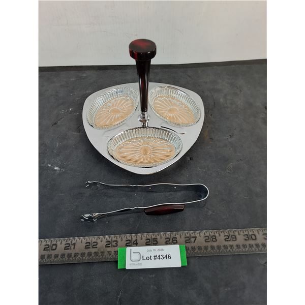 MCM Segmented Platter w/Glass Trays & Tongs