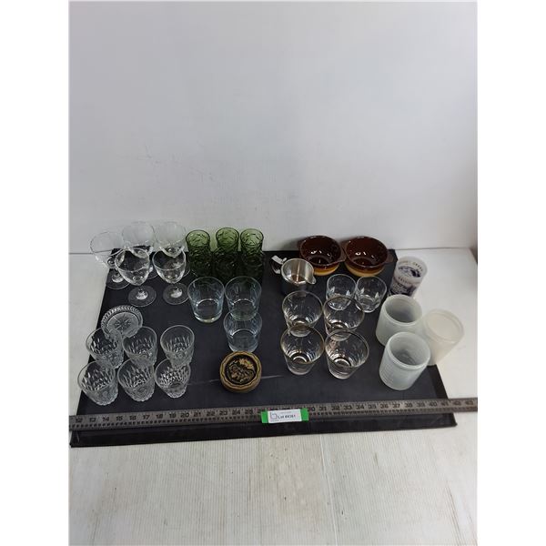 Assortment of Tumblers, Wine Glasses, Bowls, Containers, Coasters