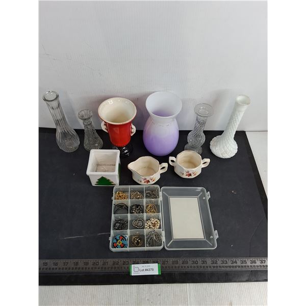 Assorted Vases, Plant Pot, Cream & Sugar Jars, Box of Costume Jewelry