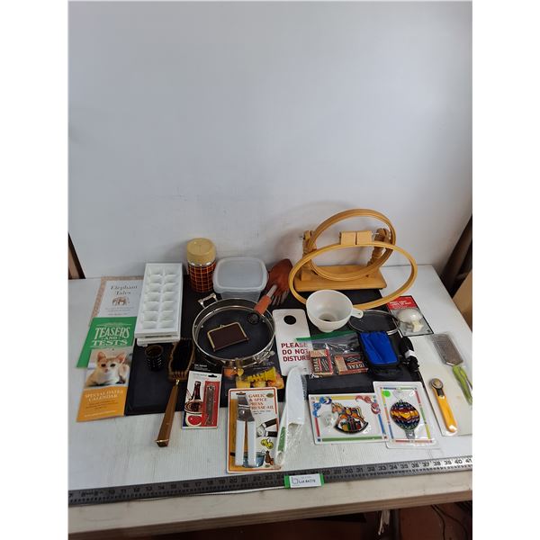 Assorted New & Used Kitchenware, Wooden Mirror Frame, Booklets, Thermos, Hose Brush, Misc.