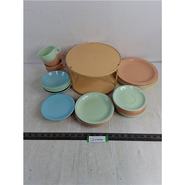 Assorted Vintage Duraware Plates/Bowls/Cups, 2-Tier Plastic Carousel - Some Cracks