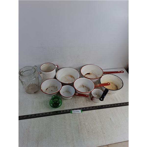 Set of Vintage Enameled Cookware, Glass Pitcher & Vase