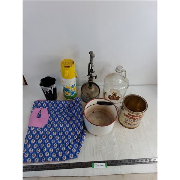 Antique Oil Lamp, Enameled Pot, Coffee Pump Carafe, Vase, Vintage Tin & Bottle, Apron