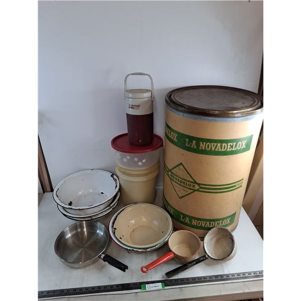 * Novadelox 25" High x 17" Dia. Container w/Tupperware, Enameled Bowls, Frypan, Thermos- Cannot Ship