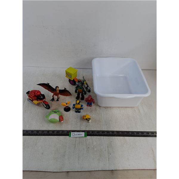 Assorted Toy Action Figures & Vehicles, Plastic Bin
