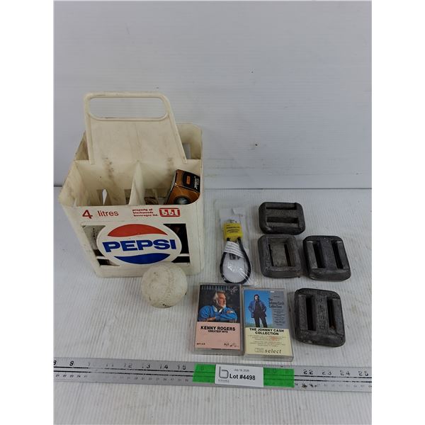 Pepsi Bottle Crate, Lead Weights, Golf Balls, Baseballs, Kenny Rogers & Johhny Cash Tapes, Misc