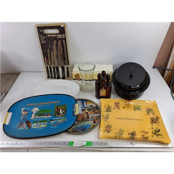 German Style Knife Set, Cheese Knives, Broiler, Glass Vase, Serving Trays, Wrap Dispenser, Misc