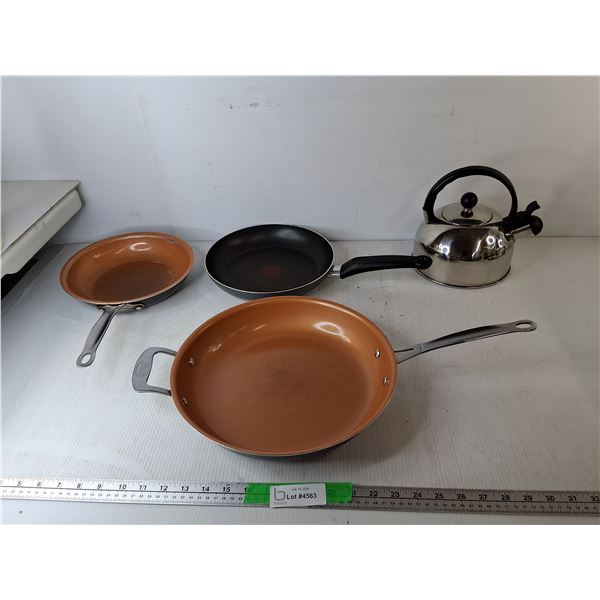Stainless Steel Kettle & (3) Frying Pans Up to 12.5" Diameter