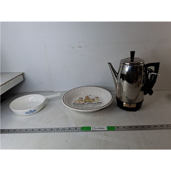 Toastmaster Percolator, Corning Ware Skillet, Quiche Lorraine Bowl