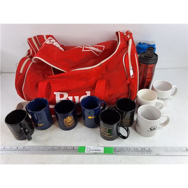 Assorted Ceramic Mugs, Budweiser Bag, Water Bottles