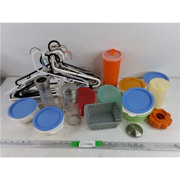 Coat Hangers, Spice Shakers, Plastic Containers, Tupperware Water Bottle, Misc