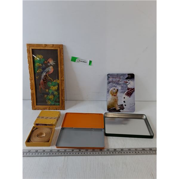 Tape Measure, (2) Metal Containers, Framed Mexican Feathercraft Art of Bird