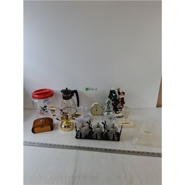 Wooden Alaska Box, Singular Candelabrum (2) Insta-Bulbs Untested, Clock, Misc