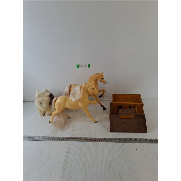 (2) Plastic Horses, (1) Plush Dog Toy, Small Wooden House Container As-Is