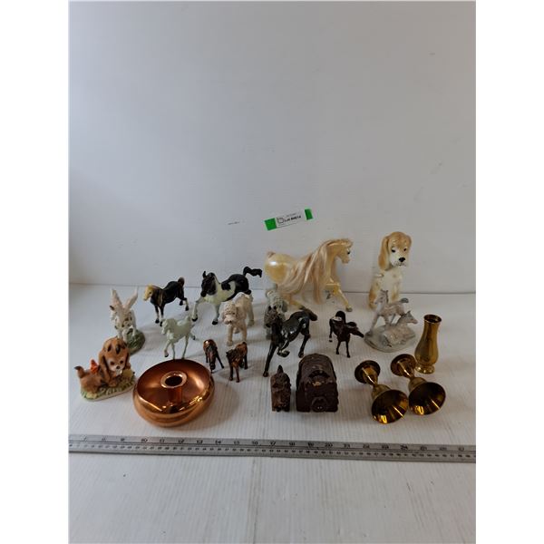 Assorted Horse and Dog Figures, Capital, Plastic, Porcelain, Concrete, Wooden Bear, (2) Bells