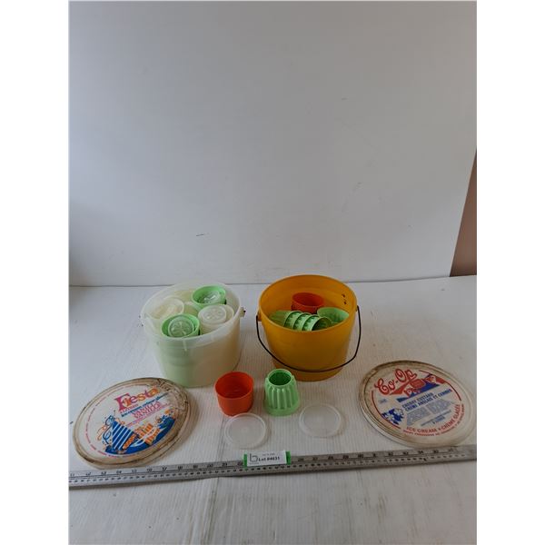 (2) Plastic Pails of Tupperware Cups, Lids, and Jello Molds