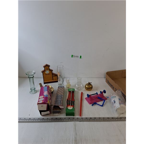 Conquest Grain Elevator Clock, (2) Mint Candles, Battery Powered Lamp, Arby's Babar Sippy Cup