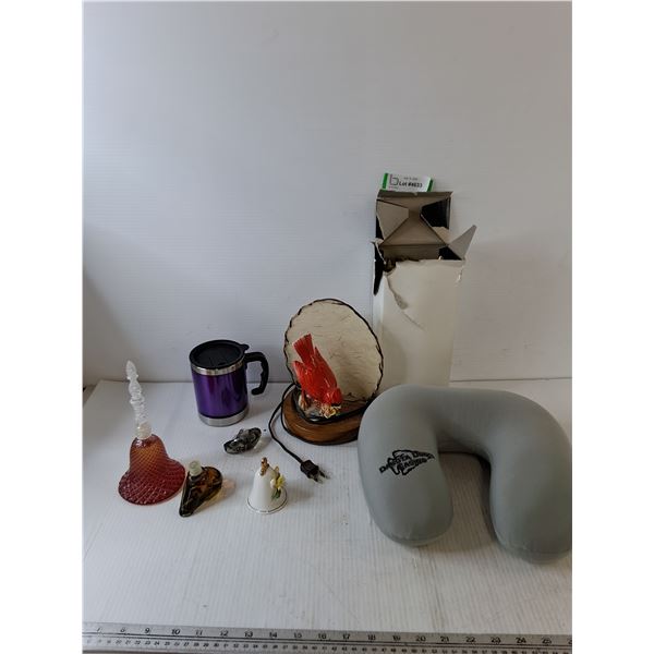 (2) Perfume Cologne Bottles, Bird Lamp Works, Travel Pillow, (12) Candles, Bell