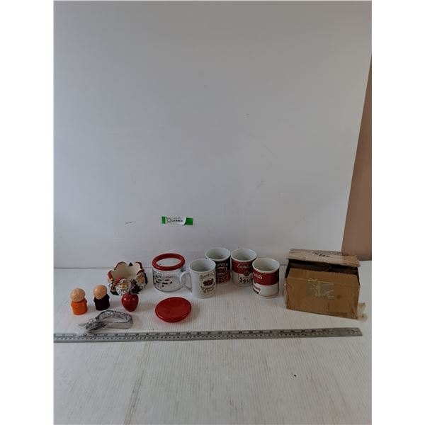 (4) Campbell's 125th Anniversary Coffee Cups, Christmas Jar and Candy Dish, Plastic Apple