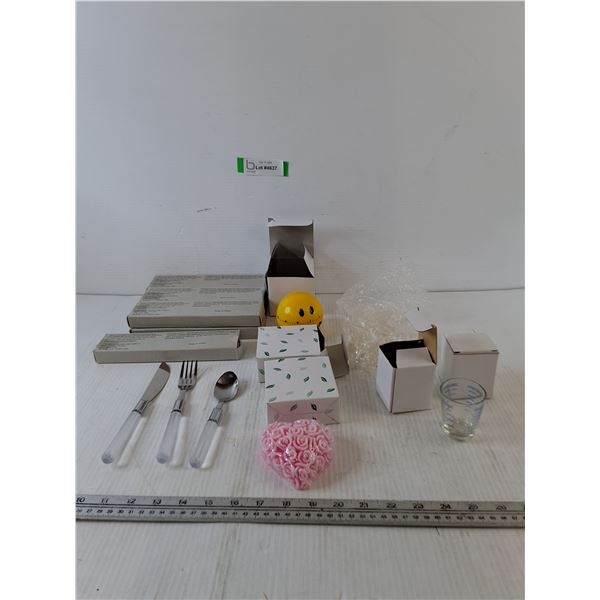 (7) Utensil Sets, (2) Candles, (2) Shot Glasses, (1) Egg Timer