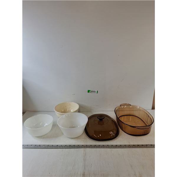 (3)Bowls, Fire King, F Heat Proof, and Vision Baking Dish with Lid