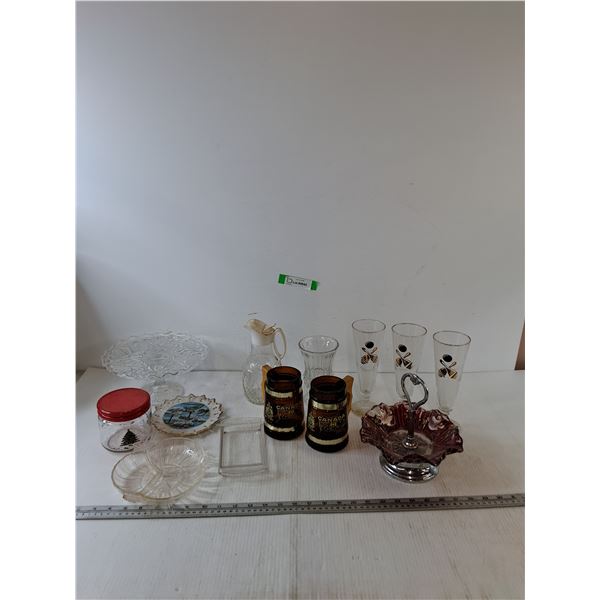 (3) Glasses, (2) Mugs, Candy Dish and Dessert Stand, Misc