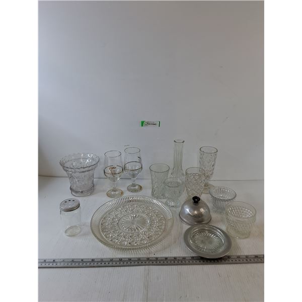 (8) Glasses, (1) Vase, (2) Plates, (1) Shaker