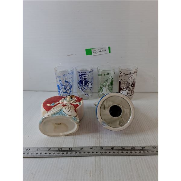 (4) Glasses with Musical Themes, (2) Porcelain Figures