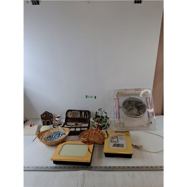 (2) Picture Frames, (Mirror with Non-Functioning Lights, Small Baskets, Candelabrum, Manicure Set