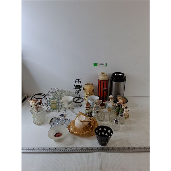 (2) Thermoses, Spice Shakers, (6) Porcelain Figures, (3) Teacups, Misc