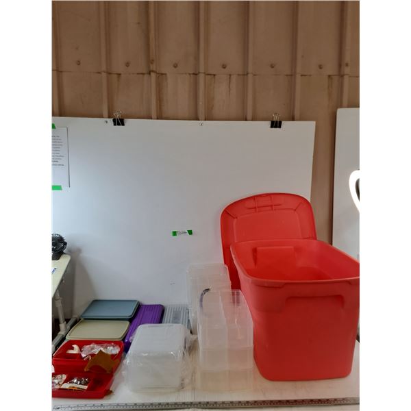 (3) Tupperware Containers,  (2) Plastic Pencil Cases, (4) Small Storage Boxes, (1) Red Tote Bin