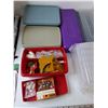 Image 2 : (3) Tupperware Containers,  (2) Plastic Pencil Cases, (4) Small Storage Boxes, (1) Red Tote Bin