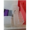 Image 6 : (3) Tupperware Containers,  (2) Plastic Pencil Cases, (4) Small Storage Boxes, (1) Red Tote Bin