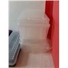 Image 8 : (3) Tupperware Containers,  (2) Plastic Pencil Cases, (4) Small Storage Boxes, (1) Red Tote Bin