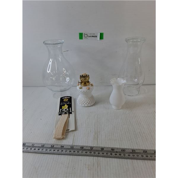 (3) Oil Lamp Tops, (1) Oil Lamp, Oil Lamp Wicks