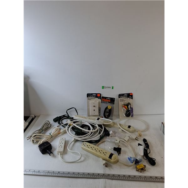 (3) Tested Power Bars, (4) Untested Nightlights, Untested Extension Cords, Video Cables, Misc