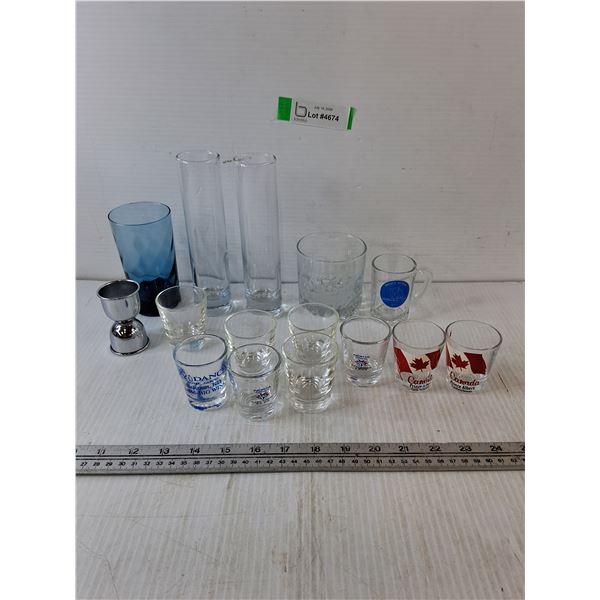 (19) Shot Glasses, (2) Collins Glasses, (1) Tumblers, (1) Tom Collins Glass