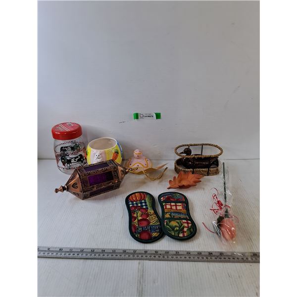 Glass Jar, Clay Goose, Lantern with Purple Glass, Cookie Jar, Candle