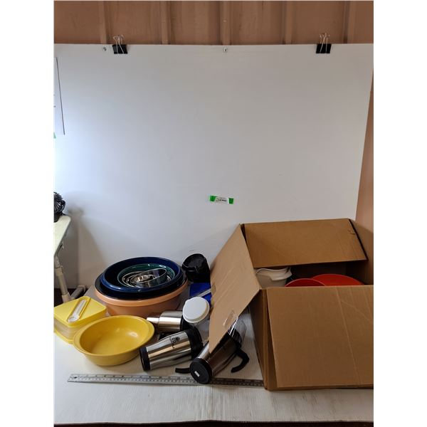 (4) Traveling Mugs,Assorted Bowls Metal and Plastic, Ice Tray, (3) Funnels