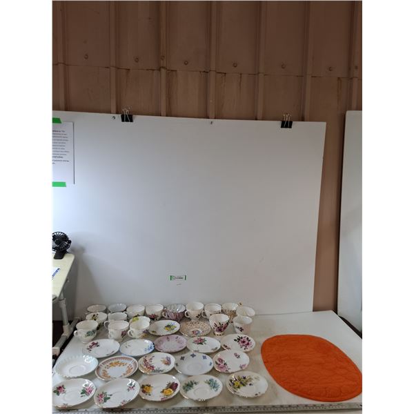Assorted Teacups, Tea Plates, and Place Mat