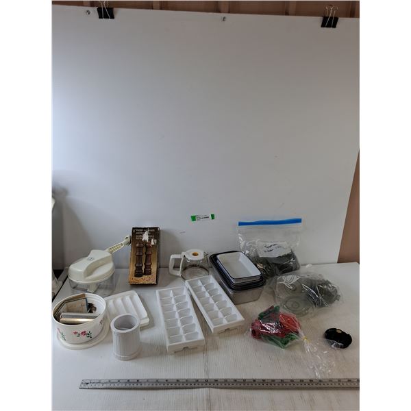 (2) Ice Cube Trays, 8" Wooden Salt Shaker, Cookie Cutters, (12) Tupperware Dishes and (7) Lids