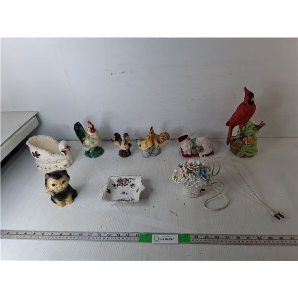 Ceramic Animal Figurines, Candy Dish, Floral Lamp- As Is