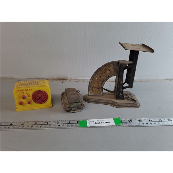 Antique Postal Scale, Plastic Radio Coinbank, Metal Case
