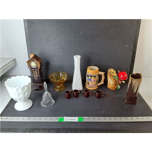 Glass Candy Dishes, Vase, Bird Coinbank, Misc.