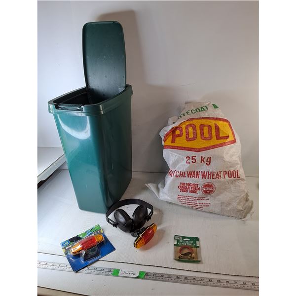 Garbage Bin 20.5", Sask. Wheat Pool Bags, Hearing Muffs, Misc. Can't Ship