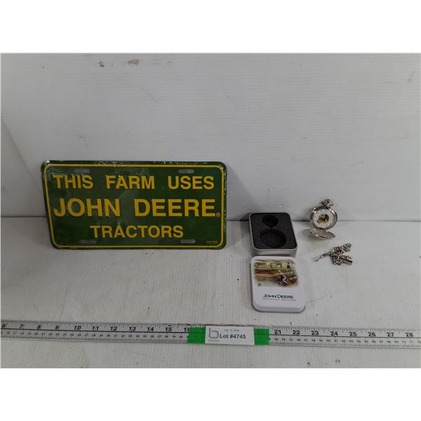 John Deere License Plate, Tin & Pocket Watch